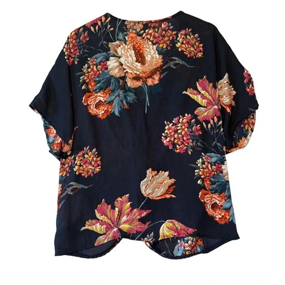 UMGEE Women Medium Navy Floral Twist Front Kimono Sleeve Top Oversized Bloomcore - Picture 2 of 8